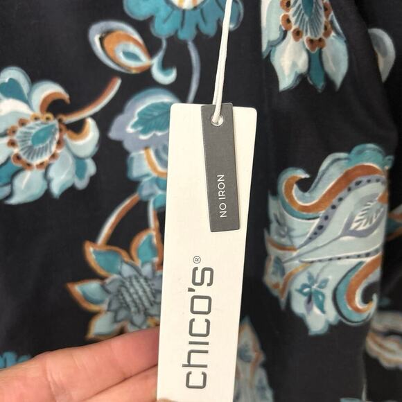 Chico’s Black Floral No Iron Cotton Stretch Button Down Tunic Blouse New Size 10 - Picture 11 of 14
